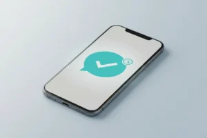 Smartphone with a glowing chat bubble, checkmark, and clock icon, symbolizing real-time employee feedback on a soft gray background.