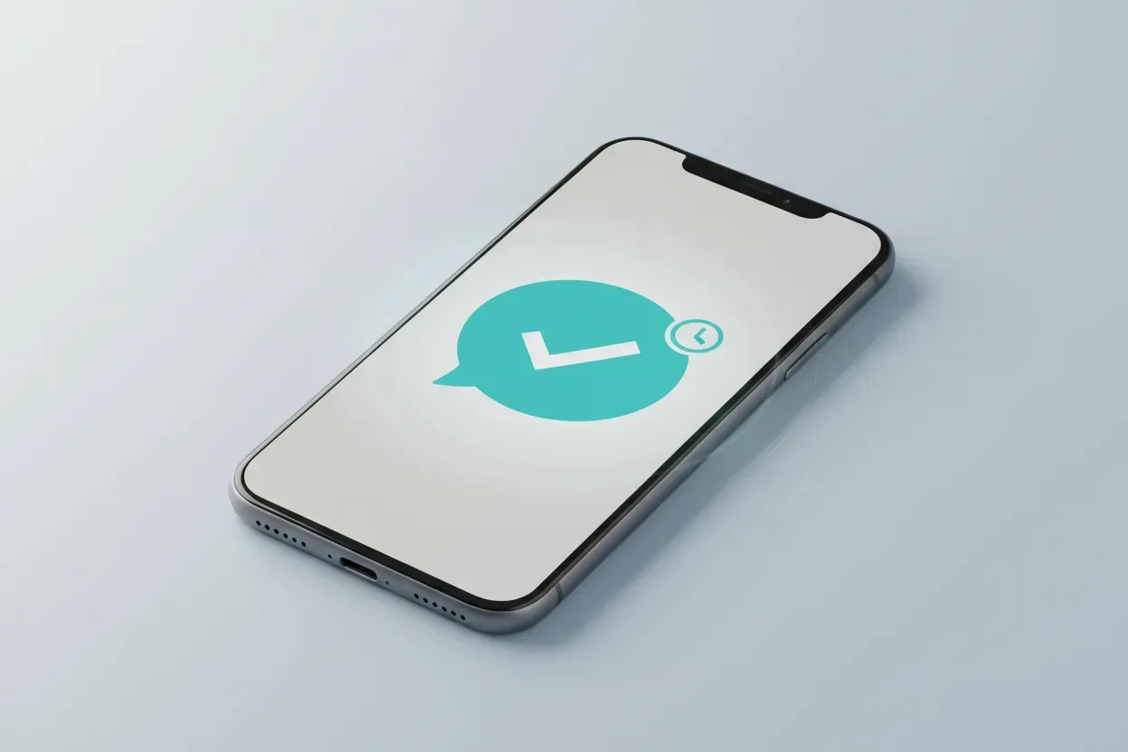 Smartphone with a glowing chat bubble, checkmark, and clock icon, symbolizing real-time employee feedback on a soft gray background.