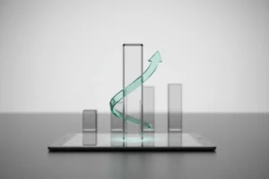 Glass bar rising from a tablet with an upward arrow, symbolizing ROI growth on a soft neutral background.