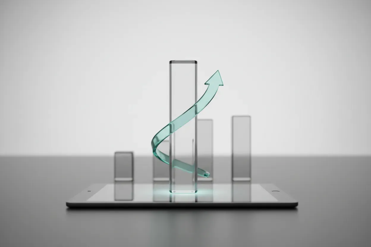 Glass bar rising from a tablet with an upward arrow, symbolizing ROI growth on a soft neutral background.