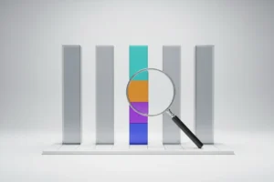 Translucent bar chart with a magnifying glass highlighting a multicolored bar on a soft neutral background.