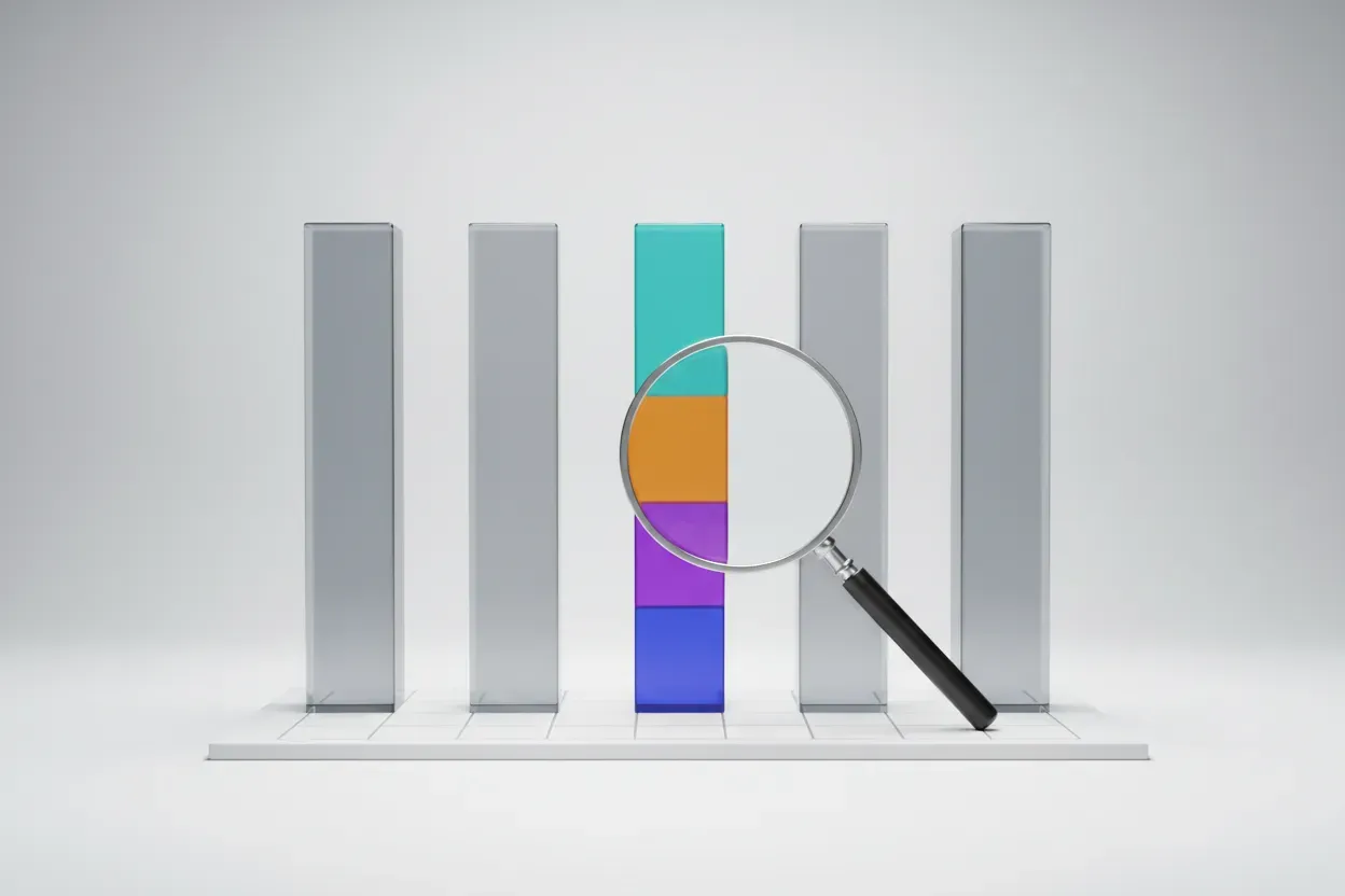 Translucent bar chart with a magnifying glass highlighting a multicolored bar on a soft neutral background.