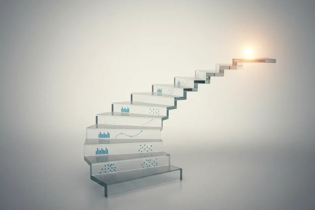 Glass staircase with simple data shapes ascending toward soft light on a neutral background, symbolizing growth in HR analytics.
