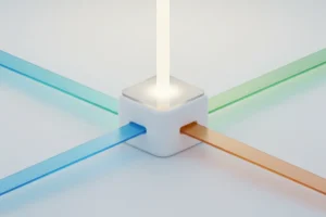 Central cube with colored data streams merging in and one bright beam rising on a soft gradient background.