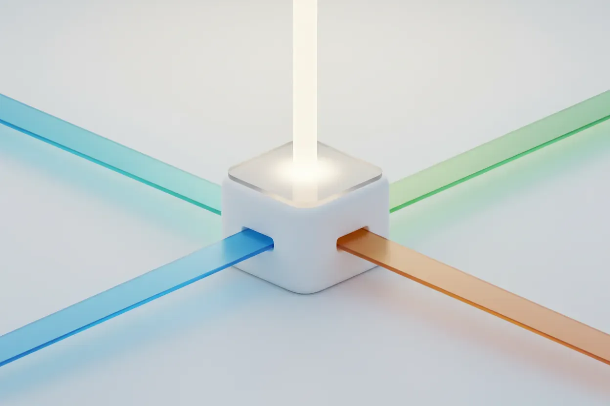Central cube with colored data streams merging in and one bright beam rising on a soft gradient background.