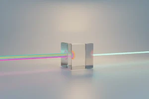 Glassy cube on soft background turning multicolored input lines into one clean output stream.