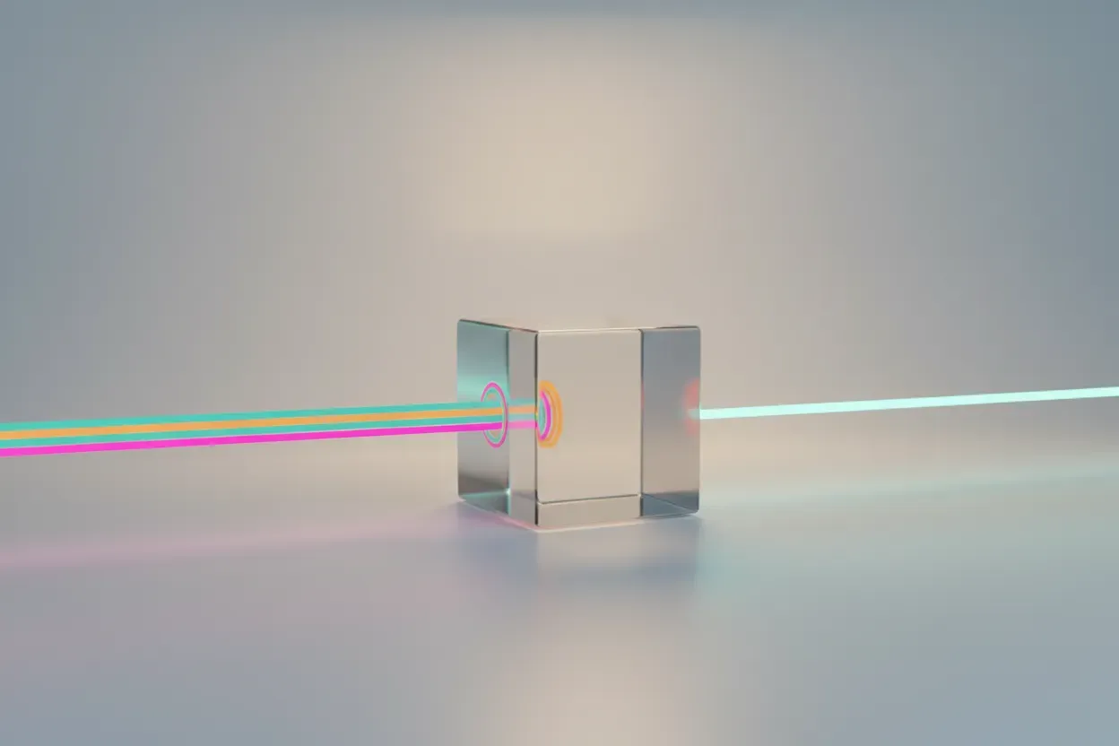 Glassy cube on soft background turning multicolored input lines into one clean output stream.