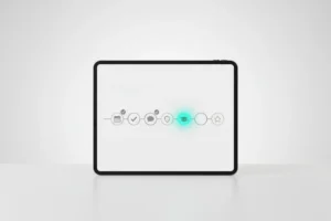 Minimalist tablet showing a progress timeline with icons and checkmarks, symbolizing a guided, modern employee onboarding experience.