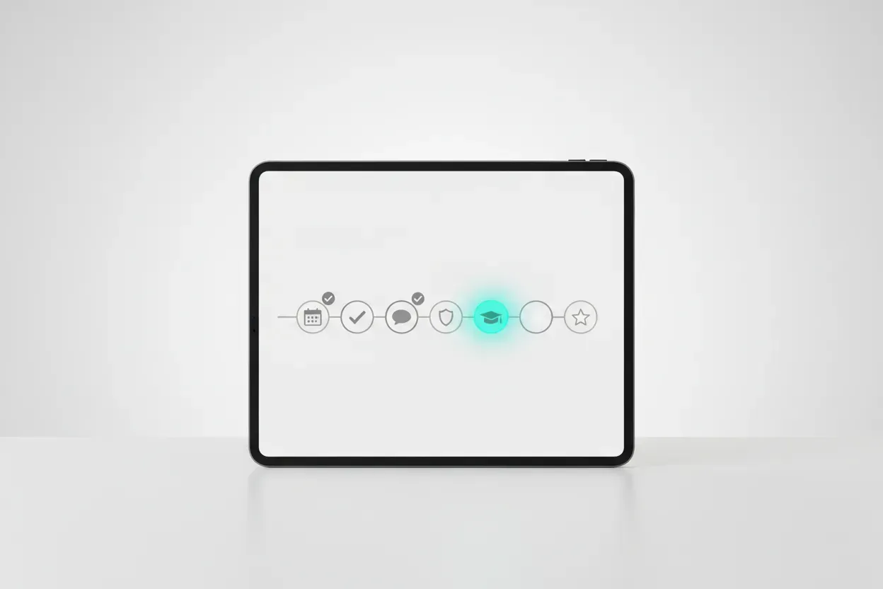 Minimalist tablet showing a progress timeline with icons and checkmarks, symbolizing a guided, modern employee onboarding experience.