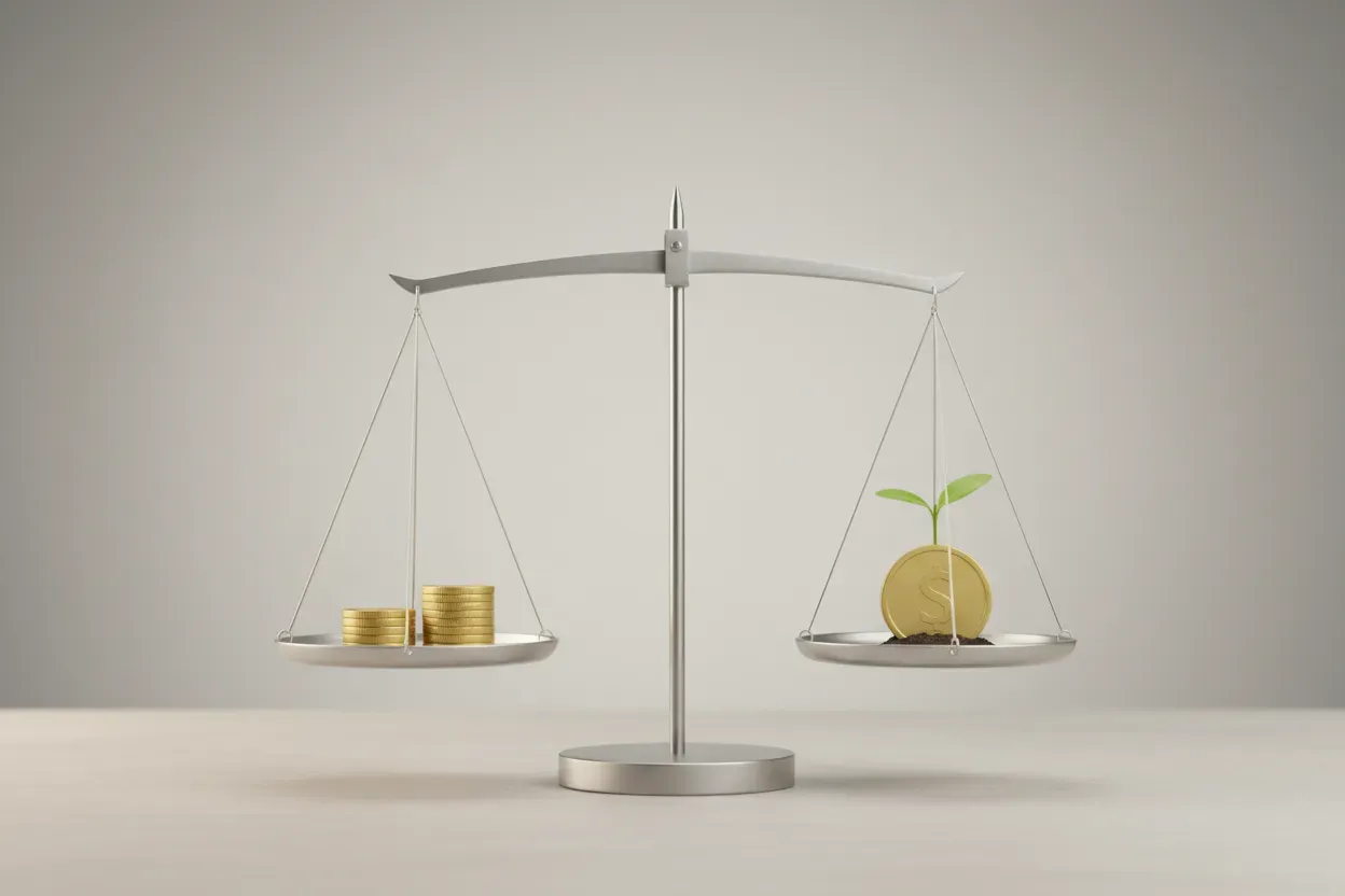 Minimalist balance scale with coins and a sprouting plant on soft gray background, symbolizing balanced compensation strategy.
