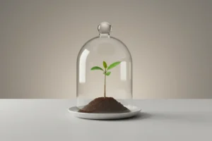 Glass cloche protecting a small green sapling on a neutral background, symbolizing psychological safety for growth and feedback.