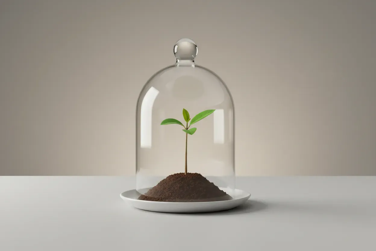 Glass cloche protecting a small green sapling on a neutral background, symbolizing psychological safety for growth and feedback.