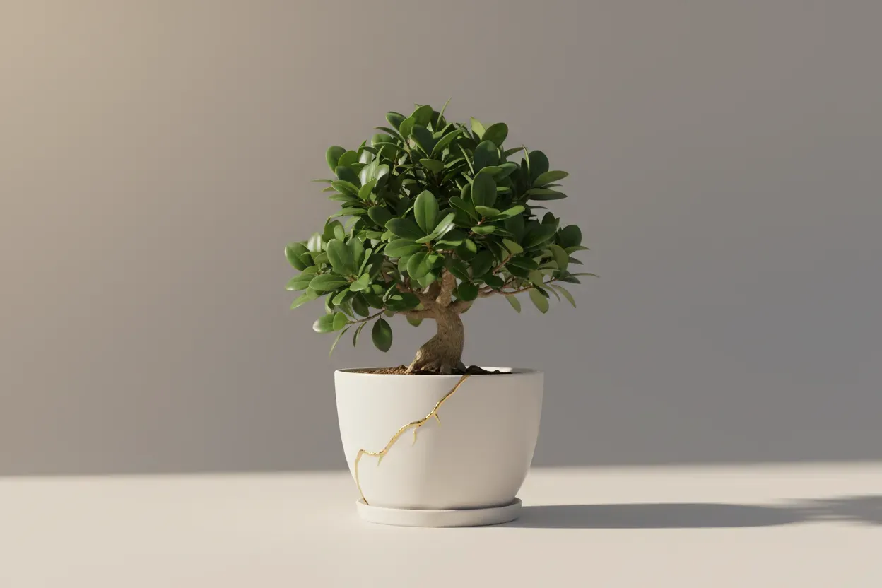 Bonsai in a kintsugi-repaired white pot on a soft neutral background, symbolizing resilient workplace wellbeing.