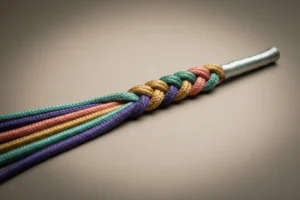 Multicolored strands merging into a strong braided rope on a soft neutral background, symbolizing unified employee resource groups.