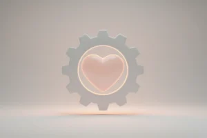 White gear encircling a warm, glowing heart on a soft neutral background, symbolizing caring automation in HR.