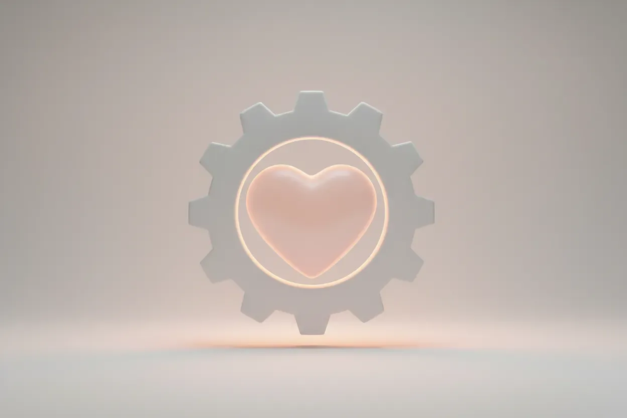 White gear encircling a warm, glowing heart on a soft neutral background, symbolizing caring automation in HR.