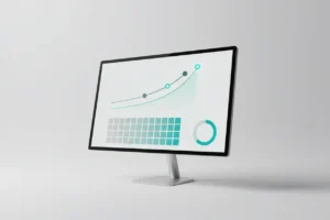 Minimalist monitor showing unlabeled charts with a highlighted data point, symbolizing HR analytics insight, on a soft neutral background.