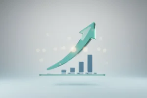 Glassy teal arrow rising from a minimalist analytics platform on a soft gray background, symbolizing high-ROI HR tech implementation.