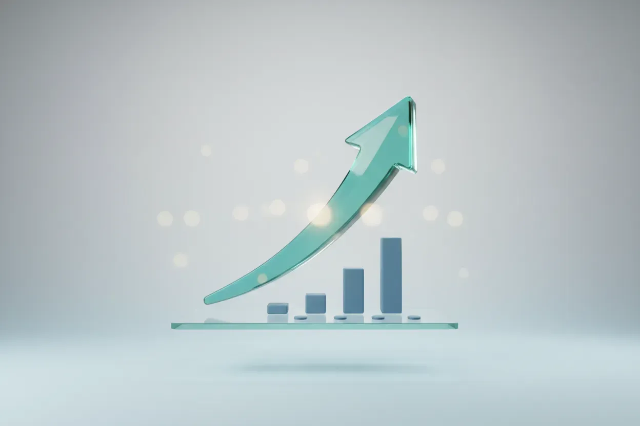 Glassy teal arrow rising from a minimalist analytics platform on a soft gray background, symbolizing high-ROI HR tech implementation.