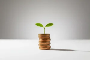 Green sprout growing from a stack of coins on a clean white surface, symbolizing a low-cost idea driving employee satisfaction.