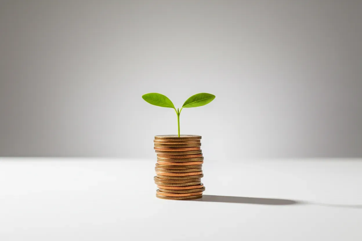 Green sprout growing from a stack of coins on a clean white surface, symbolizing a low-cost idea driving employee satisfaction.