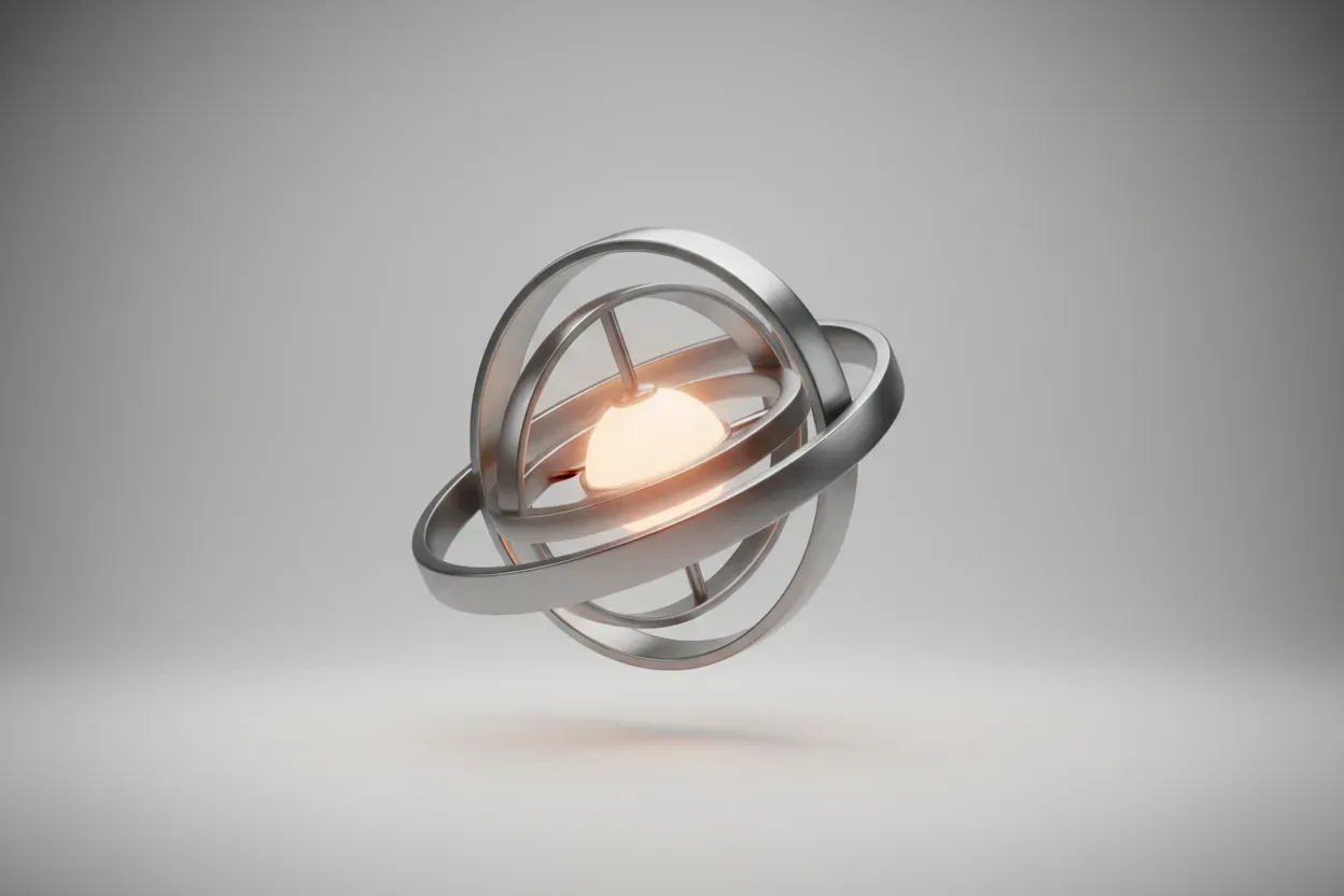 Polished metallic gyroscope with a warm glowing core on a soft gradient background, symbolizing brand alignment and stability through change.