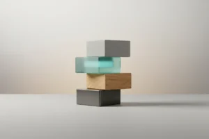 Stacked modular blocks of wood, metal, glass, and cork on a neutral background, symbolizing personalized employee experiences.