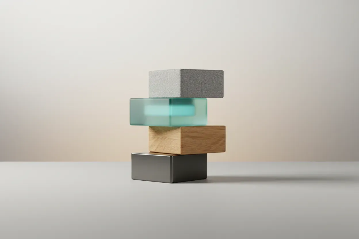 Stacked modular blocks of wood, metal, glass, and cork on a neutral background, symbolizing personalized employee experiences.