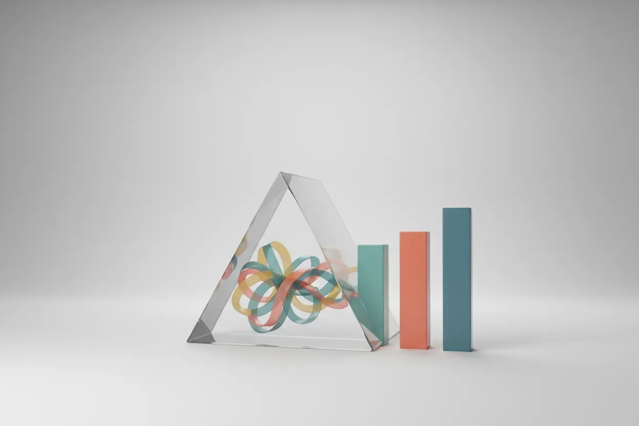Glass prism turning tangled multicolored data lines into three clean vertical bars on a soft gray background.