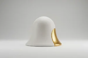 Minimal bell-curve sculpture with a single gold-highlighted segment on a soft gray background, symbolizing targeted market pay data.