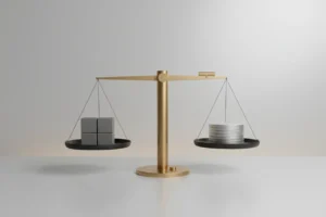 Minimal balance scale with identical cubes vs stacked metal discs, nearly level on a soft neutral background, with a tiny fulcrum dial.