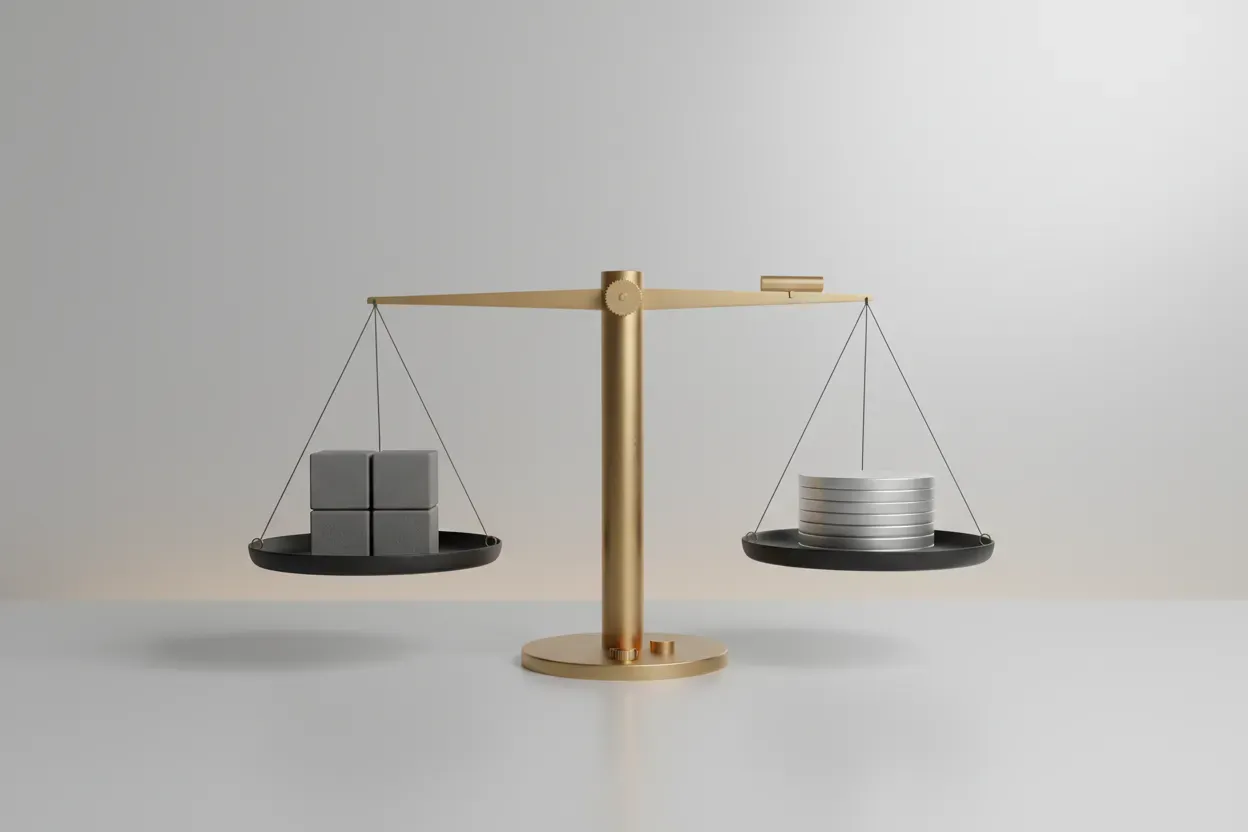 Minimal balance scale with identical cubes vs stacked metal discs, nearly level on a soft neutral background, with a tiny fulcrum dial.