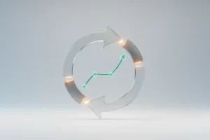 Circular feedback loop encircling an upward-trending line on a soft gray background, symbolizing structured feedback improving performance.