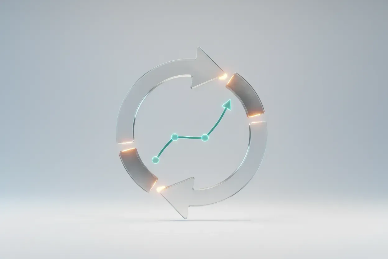 Circular feedback loop encircling an upward-trending line on a soft gray background, symbolizing structured feedback improving performance.