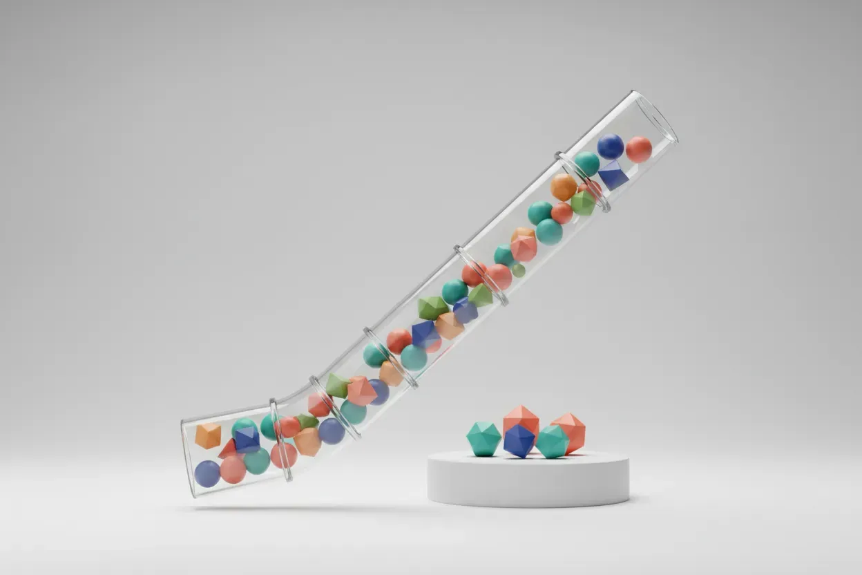 Upward glass pipeline carrying multicolored shapes onto a pedestal, symbolizing a measured, diverse leadership pipeline.