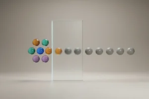 Frosted glass panel turns colorful data dots into uniform gray, symbolizing unbiased, standardized performance reviews.