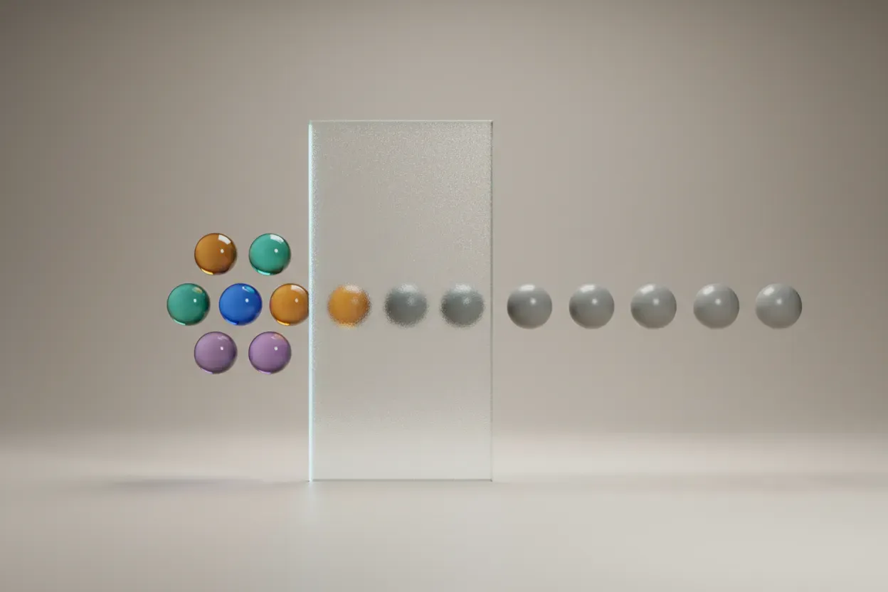 Frosted glass panel turns colorful data dots into uniform gray, symbolizing unbiased, standardized performance reviews.