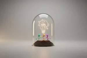 Glass dome shielding colorful seedlings with a subtle lightbulb network on a soft neutral background.