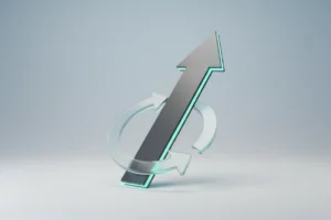 Upward arrow encircled by a circular feedback loop on a soft background, symbolizing performance turnaround and improvement.