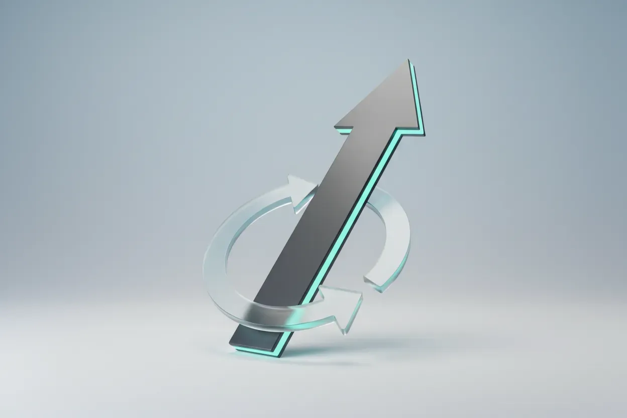 Upward arrow encircled by a circular feedback loop on a soft background, symbolizing performance turnaround and improvement.