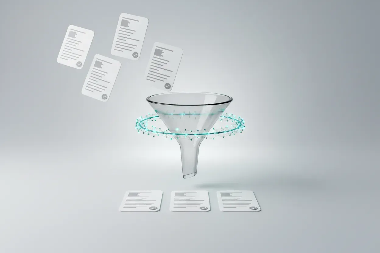 Glass funnel with AI halo sorting abstract resume cards on a soft gradient background, symbolizing AI-enhanced applicant tracking.