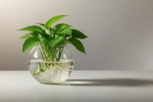 Clear glass planter with green plant and visible roots on a soft neutral background, lit by gentle daylight.