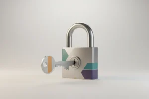 Minimalist lock with multicolored inlays and a matching key about to unlock on a soft neutral background.