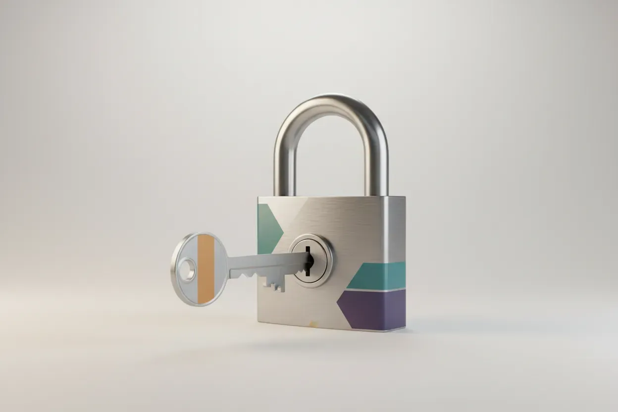Minimalist lock with multicolored inlays and a matching key about to unlock on a soft neutral background.