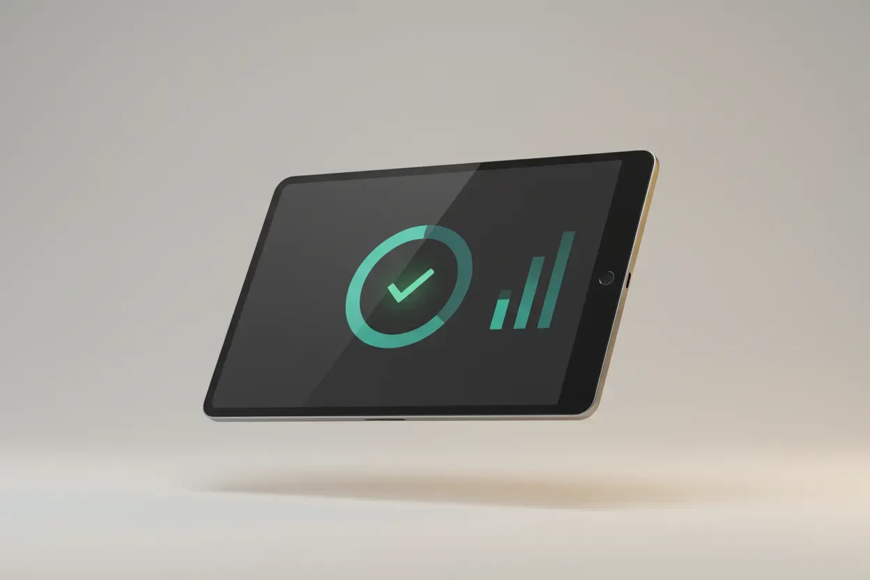 Tablet with minimal analytics and a glowing checkmark on a soft neutral background.