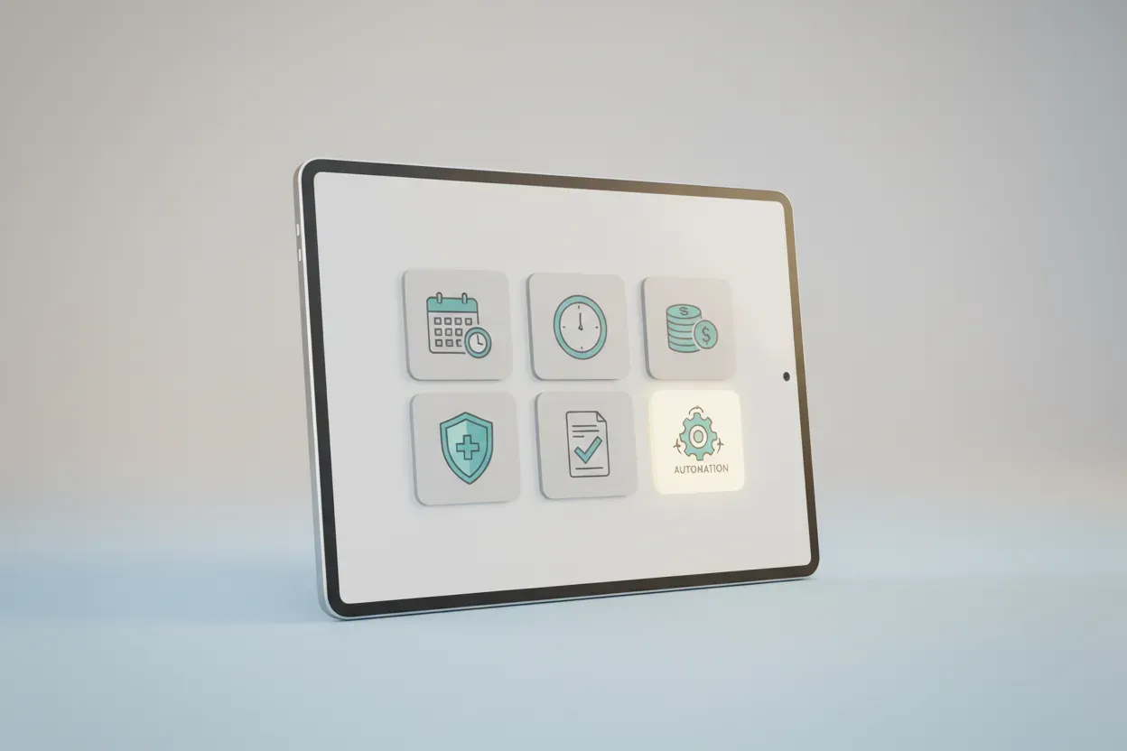 Centered tablet with icon-only HR self-service dashboard and a glowing gear icon, on a soft neutral gradient background.