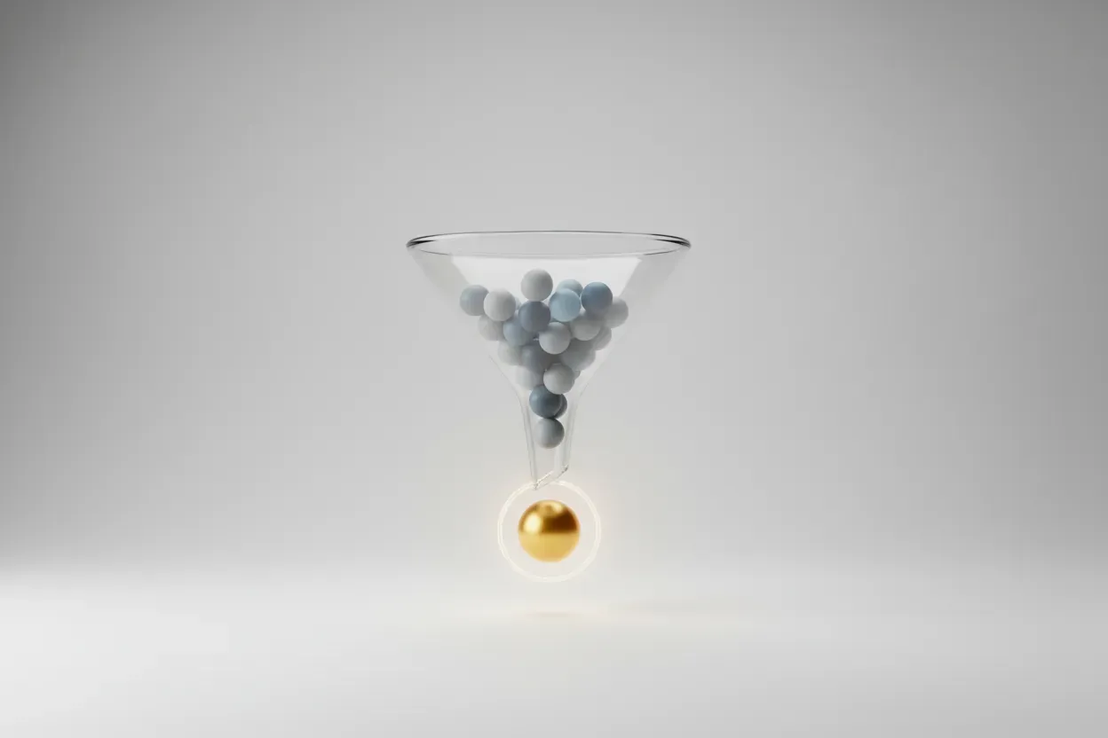 Minimalist 3D recruitment funnel releasing a single glowing sphere, symbolizing the quality-of-hire metric, on a soft neutral background.