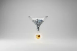 Minimalist 3D recruitment funnel releasing a single glowing sphere, symbolizing the quality-of-hire metric, on a soft neutral background.