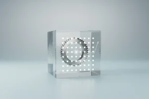 Translucent cube with gear and aligned data grid on soft gradient, symbolizing automated, accurate HR data guiding better decisions.
