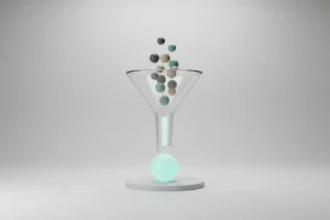 Transparent funnel turns scattered beads into one glowing sphere on a soft neutral background.